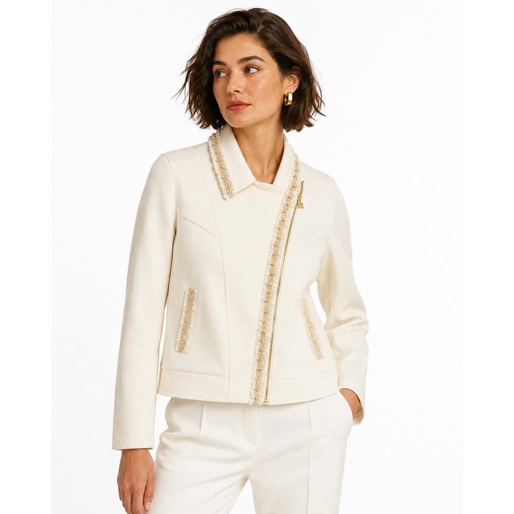 Mark & James Badgley Mischka Pearl Embellished Moto Jacket Ivory Cream XL NWT